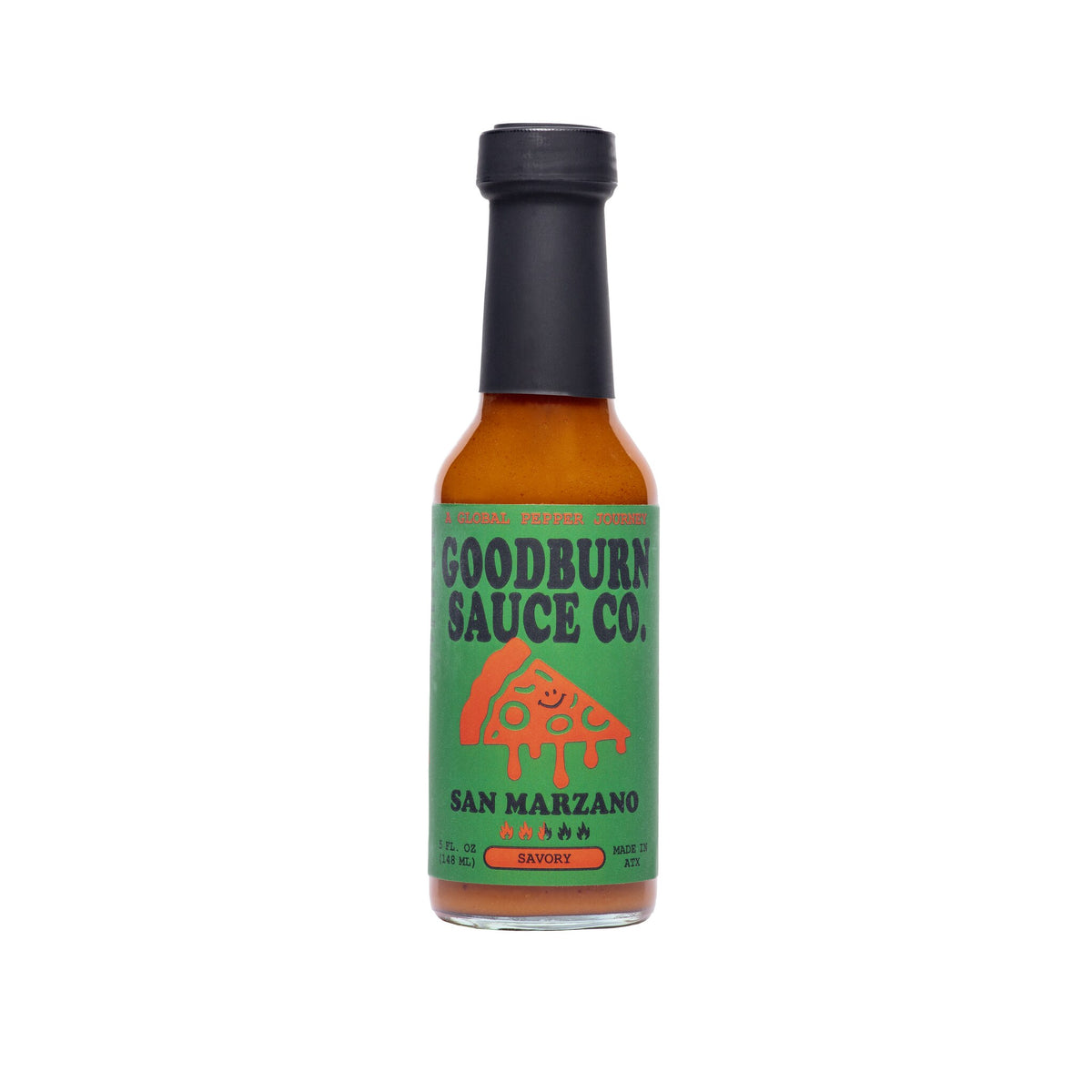 Bottle of Goodburn San Marzano hot sauce with San Marzano tomatoes, Trinidad Moruga scorpion peppers, lemon and basil