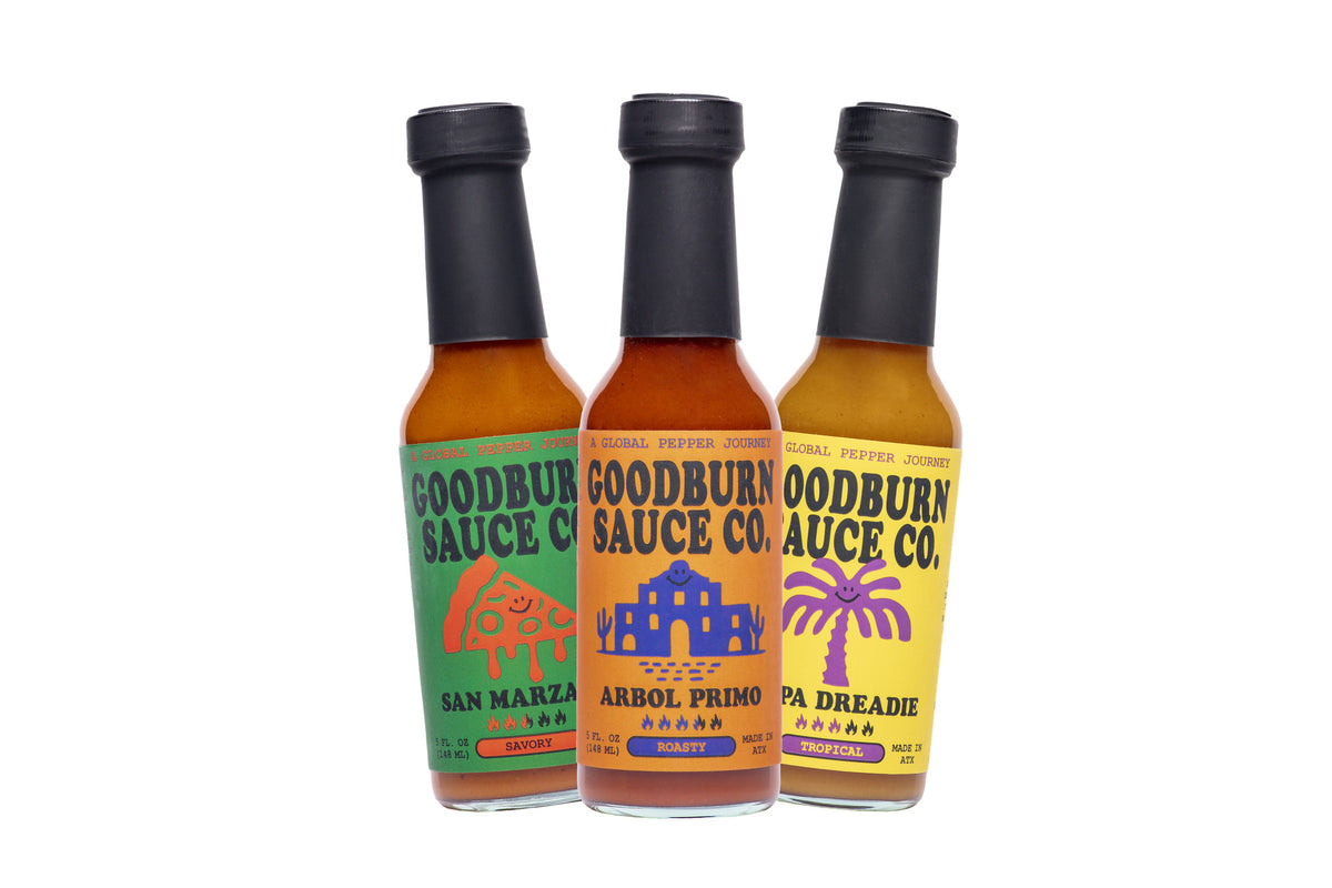 Goodburn Sauce Company 3-pack flight: San Marzano, Arbol Primo and Papa Dreadie hot sauce bottles