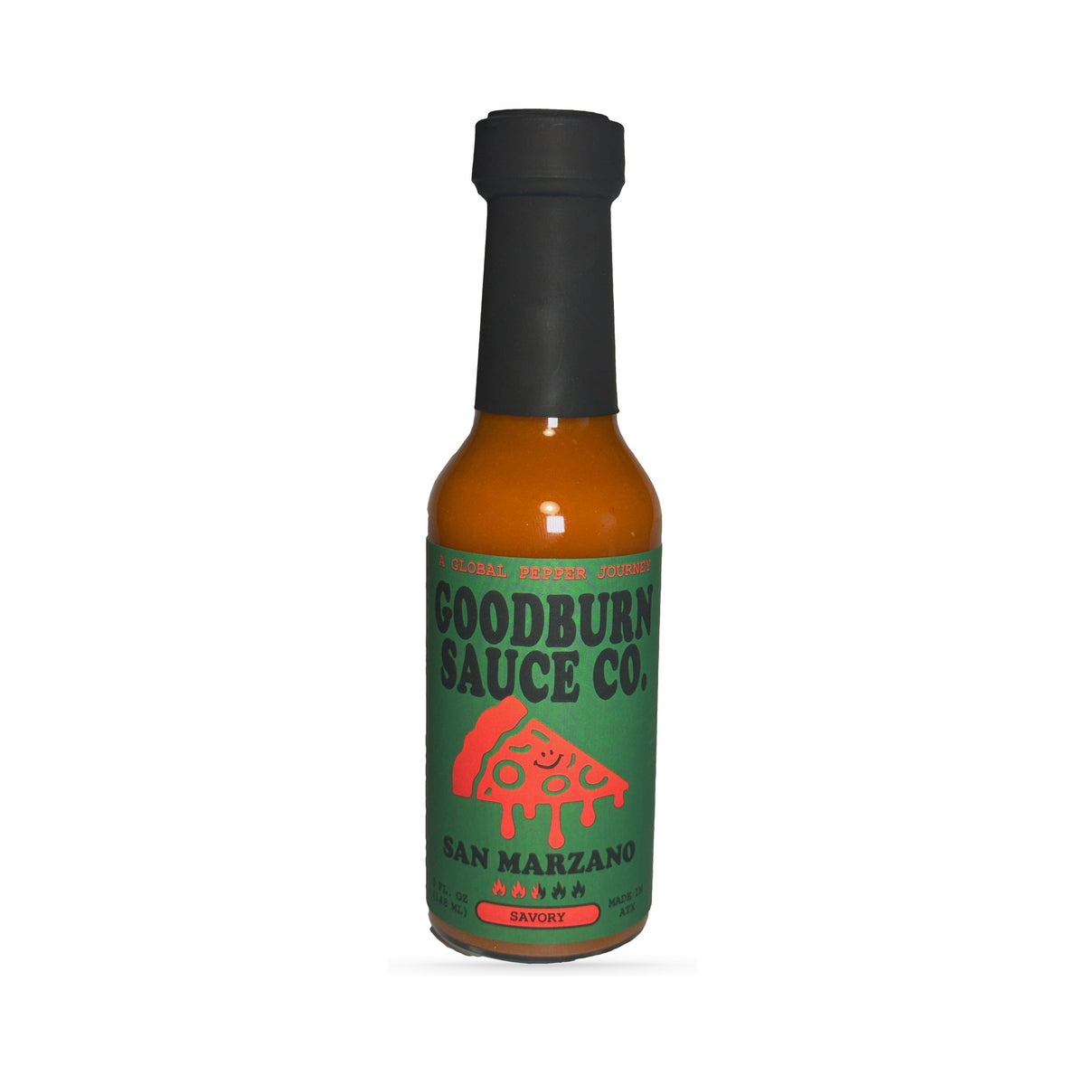 Bottle of Goodburn San Marzano hot sauce with Trinidad Moruga scorpion, San Marzano tomatoes and basil