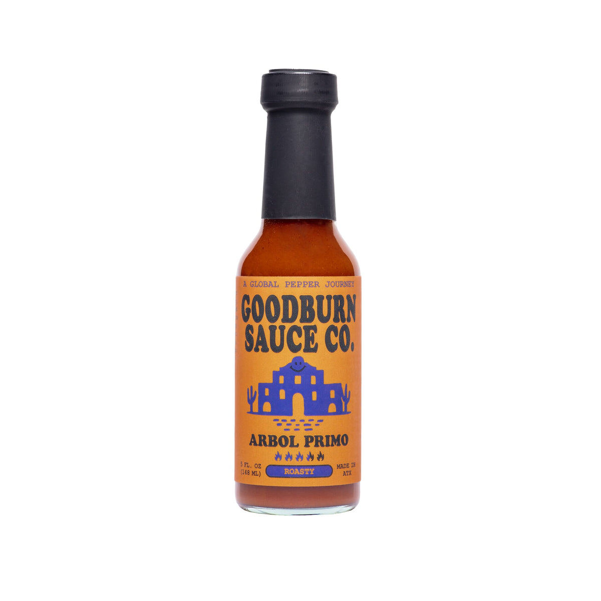Bottle of Goodburn Arbol Primo hot sauce made with arbol and 7 Pot Primo peppers
