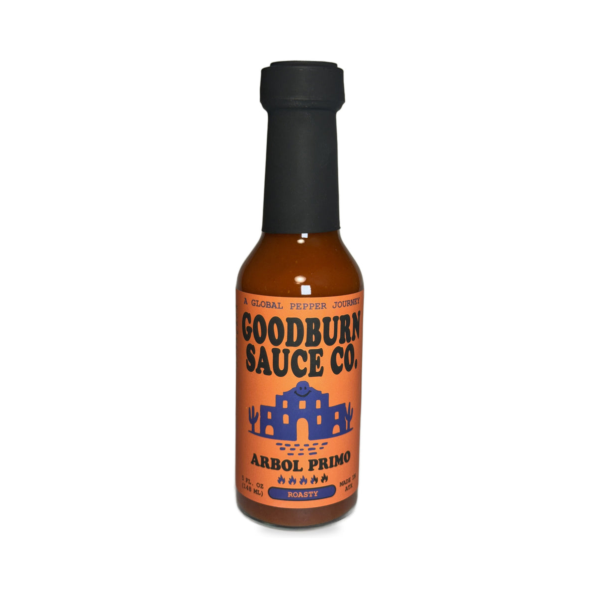 Bottle of Goodburn Arbol Primo hot sauce made with arbol and 7 Pot Primo peppers