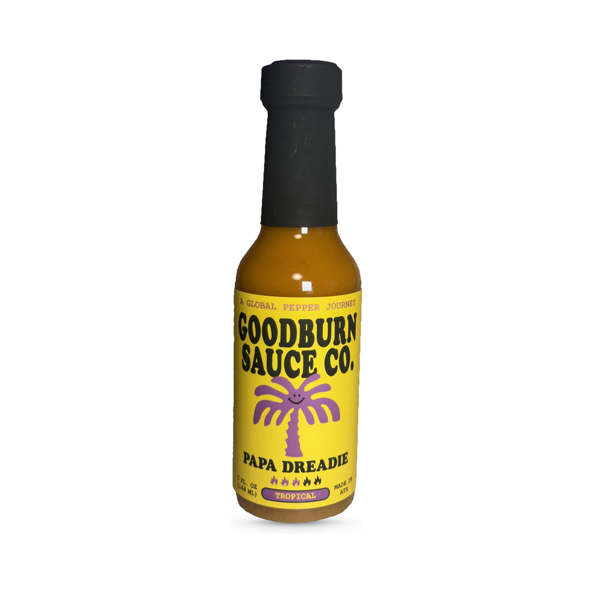 Bottle of Goodburn Papa Dreadie yellow Scotch bonnet hot sauce